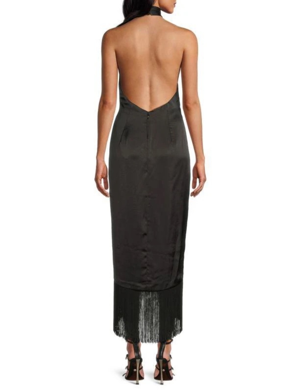 BCBGMaxAzria Black Halter Fringe-Trim Midi Dress